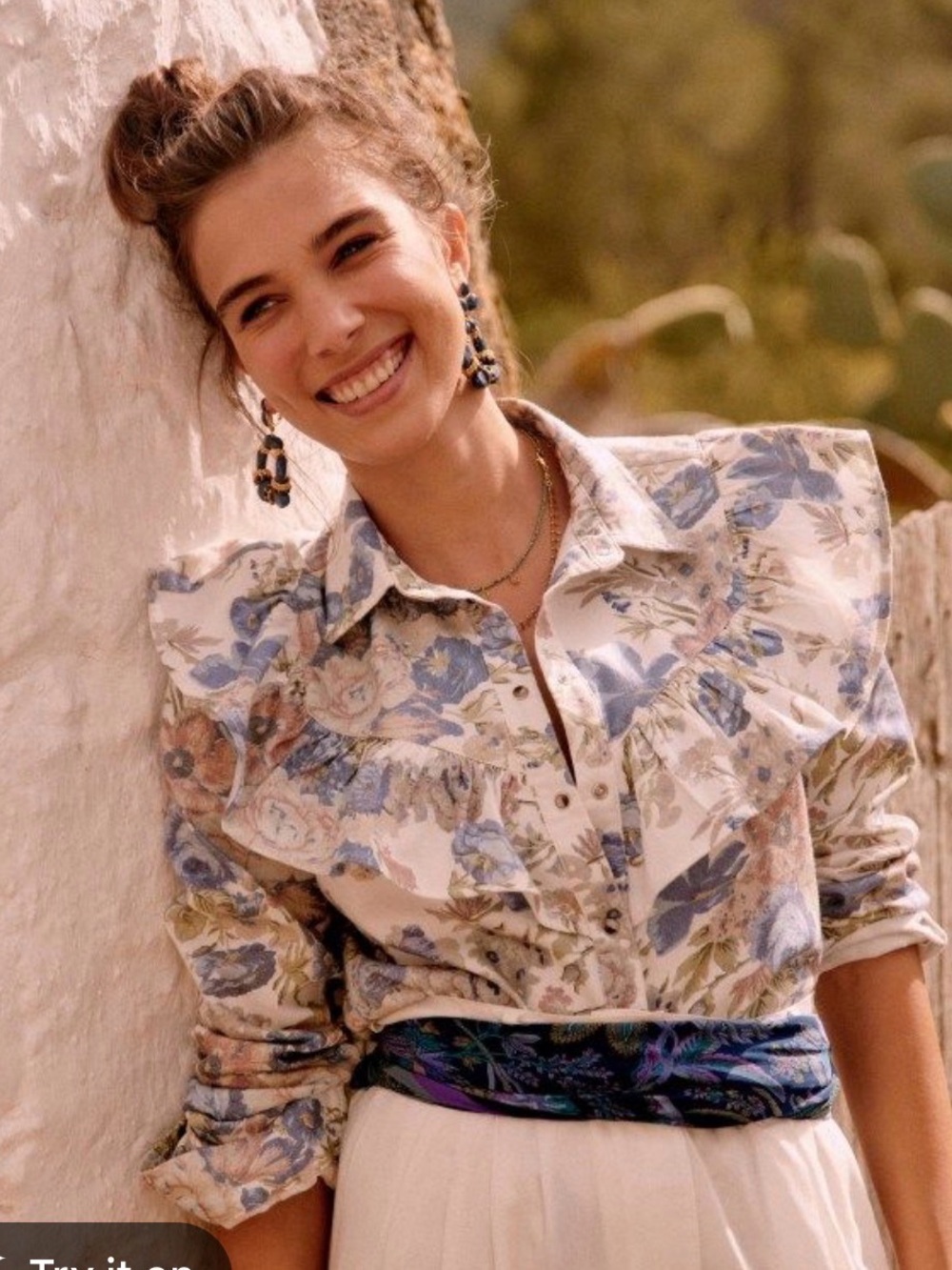 Sezane Floral Ruffle Button-Down Blouse in Cream and Blue